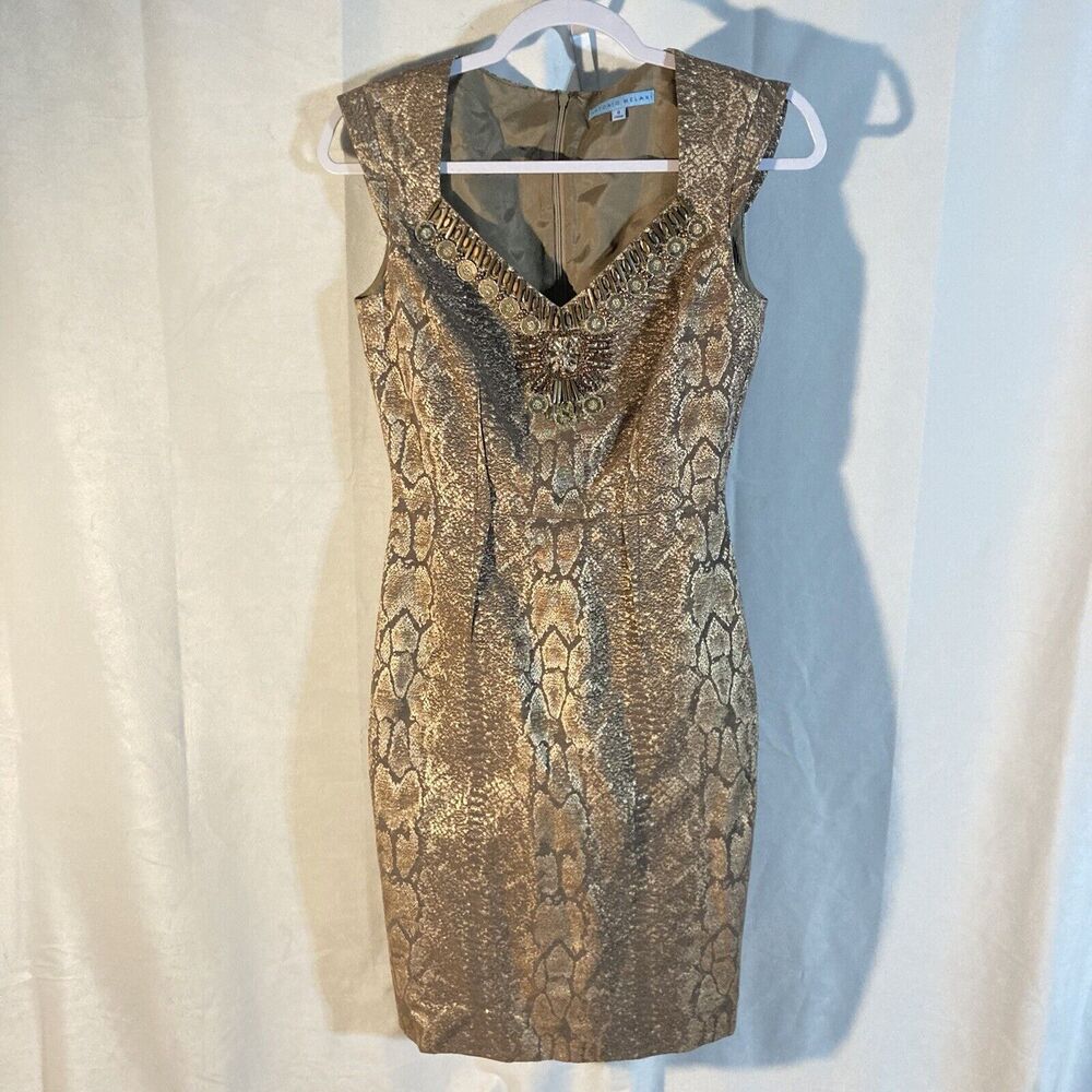 ANTONIO MELANI snake skin print beaded sweetheart neck shift dress 0